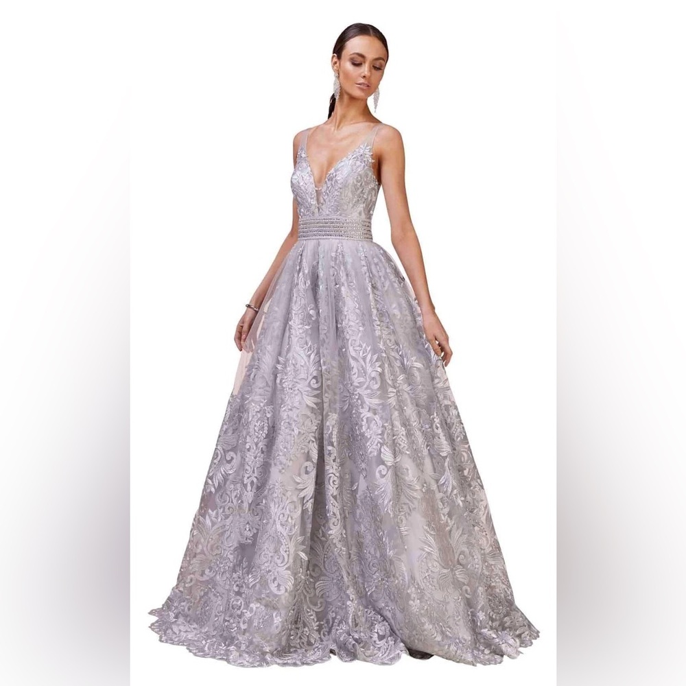 Silver Embellished Sleeveless Prom Dress